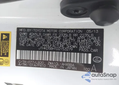 2013 Lexus Ct 200H z USA, uszkodzony, nr VIN JTHKD5BH1D2153279